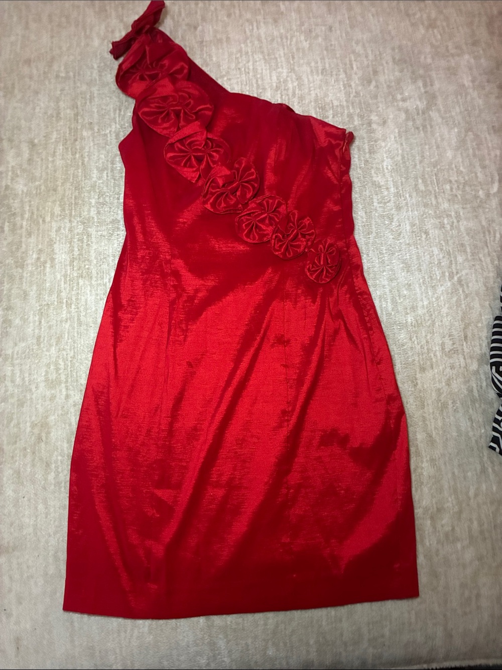 Adrianna Papell One-Shoulder Red‎ Satin Dress with Rosette Trim